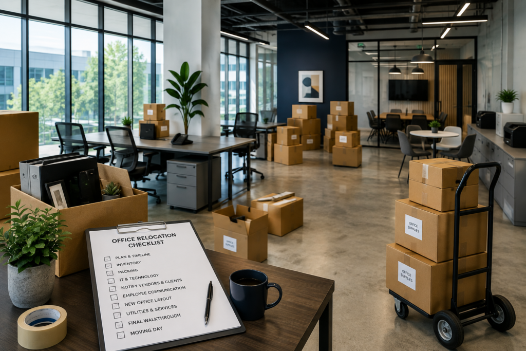 checklist on a table in an office space with everything packed to move