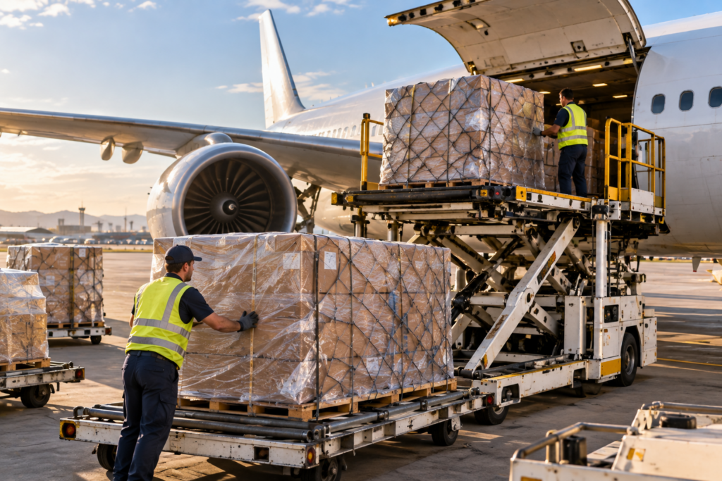 airport workers loading cargo on plane for international move