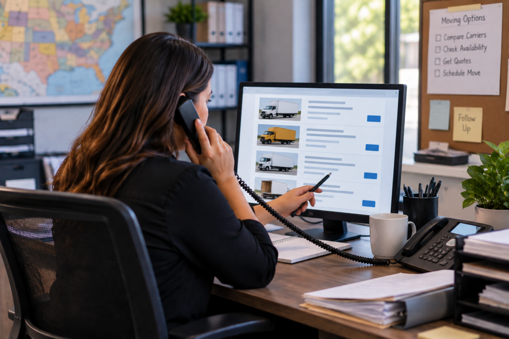 woman researching and validating licensed movers