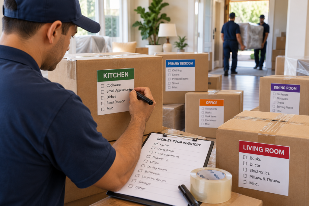 moving company worker labeling boxes